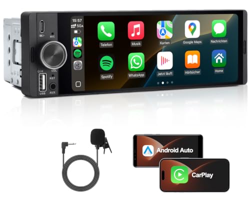 1 DIN Autoradio mit Wireless CarPlay & Android Auto Auto Radio mit Bildschirm GPS Navigation FM Bluetooth Freisprecheinrichtung Lenkradsteuerung EQ MirrorLink AUX (6 36 Zoll)