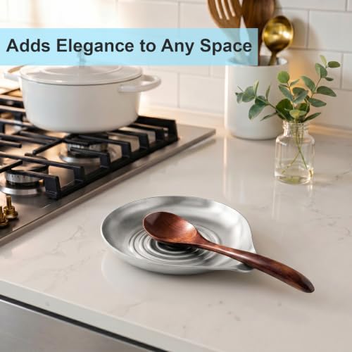 Image of VanlonPro Stainless Steel Spoon Rest, Spatula Ladle Holder, Stainless Steel Utensil Spoon Rest Holder, Brushed Finish, Dishwasher Safe 5.9 x 5.1 Inch (Round Swril Silver 1PC)