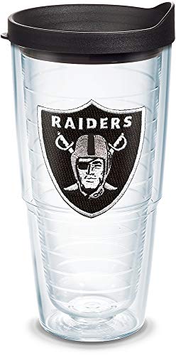 Image of Tervis Made in USA Double Walled NFL Las Vegas Raiders Primary Logo Insulated Tumbler Cup Keeps Drinks Cold & Hot, 24oz, Clear - Black Lid