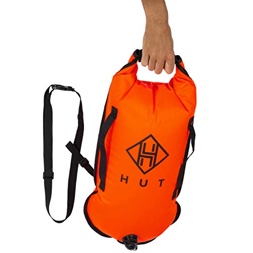 HUT Swim Buoy Dry Bag 28L - Premium Tow Float and Watertight Dry Bag for Open Water Swimmers Triathletes. High Visibility Safety Swim Buoy Two air Chambers be seen be Safe (Orange 28l)