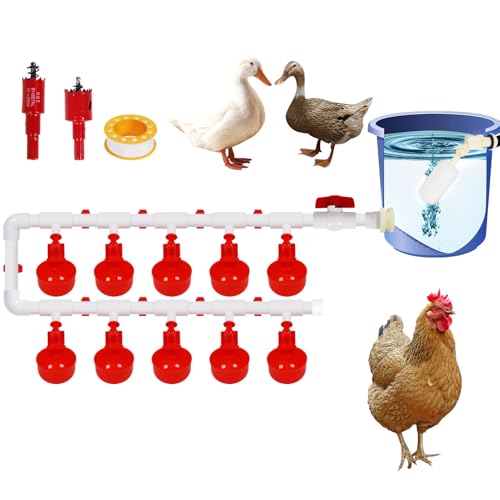 Système d'abreuvoir Automatique pour Poules et Poulets - Kit Complet avec 10 abreuvoirs, tuyaux PVC et Robinet à Flotteur - Mangeoire Automatique pour volaille (Seau Non Inclus)