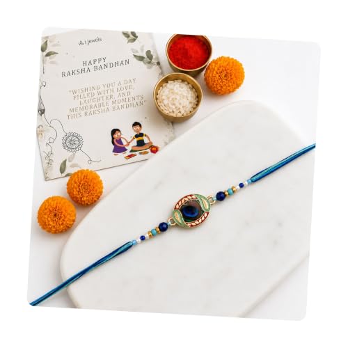 Image of I Jewels Traditional Peacock Feather Designer Rakhi for Men Boys Brother Roli Chawal & Raksha Bandhan Card
