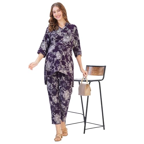 Image of AV2 Women's Maternity Night Suit Set|Nursing|Feeding Printed Tunic & Bottom Coord Set 2426