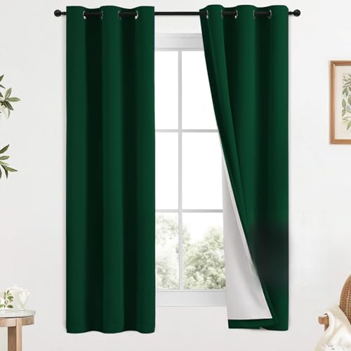 Image of COSVIYA Drak Green 100% Blackout Curtains for Bedroom with White Back | 2 Thick Layers Full Room Darkening Thermal Insulated Curtain,Grommet Window Drapes for Living Room, 40x63 Inch, 2 Panels