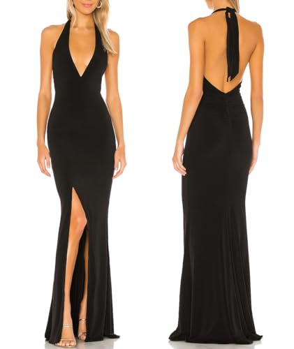 Aigeman Women's Sexy Deep V-Neck Halter Evening Gown High Split Backless Maxi Dress Bodycon Formal Dress 408(X-Large,Black)