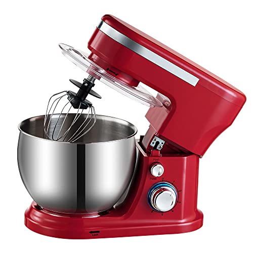 Stand Mixer Kitchen Aid, 5L Tilt-Head 1200W Food Mixer, with Dough Hook, Mixing Beater Whisk, Splash Guard, Kitchen Cooking Machine - Red for Baking