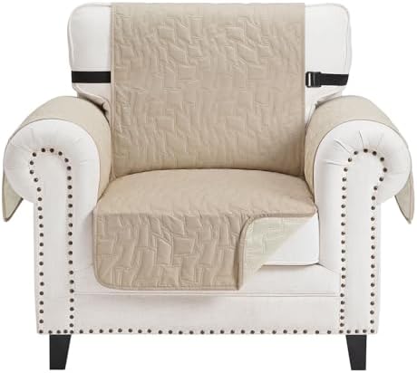 CUCRAF Non Slip Quilted Sofa Cover, Water Resistant Slipcover Furniture Protector for 1 Cushion Sofa Pet Friendly, Washable Couch Cover with Adjustable Elastic Straps (Small Chair, Beige)