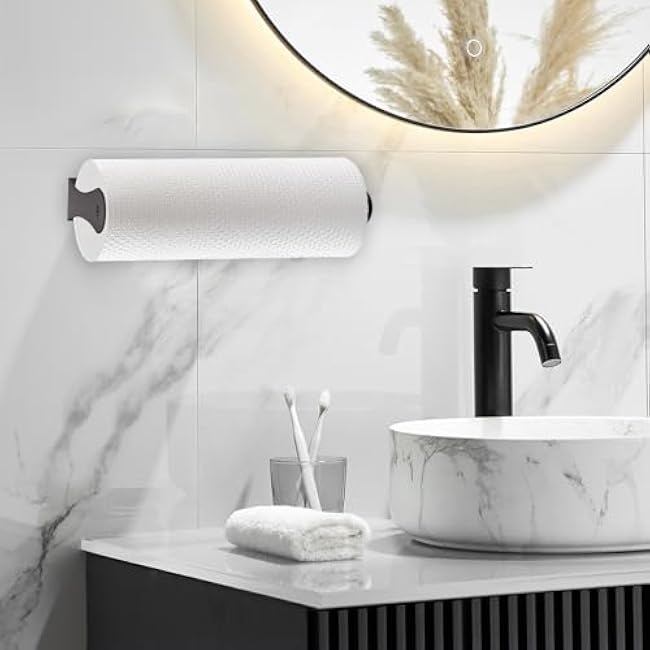 Under Cabinet Paper Towel Holder, Stainless Steel Paper Towel Holder ¨C Wall Mount or Under Cabinet Mount Paper Roll Holder for Kitchen & Bathroom (Black)