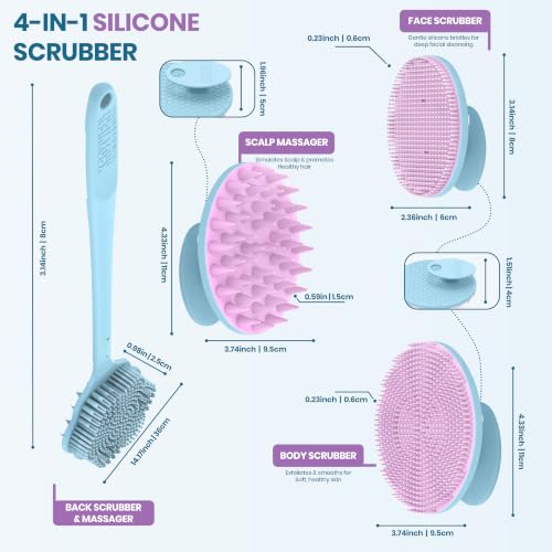 Image of KROYWEN Ultra Soft Primum Body&Back Exfoliation Combo Kit, Long Handle Back Brush; Face Scrubber Primum Brush; Soft Big Body Scrubber Brush; Royal Scalp Massager for Hair And Beard Buffer Spazzola; Strong Adhesive Hook-4pic |BPA-Free| for Men and Women.