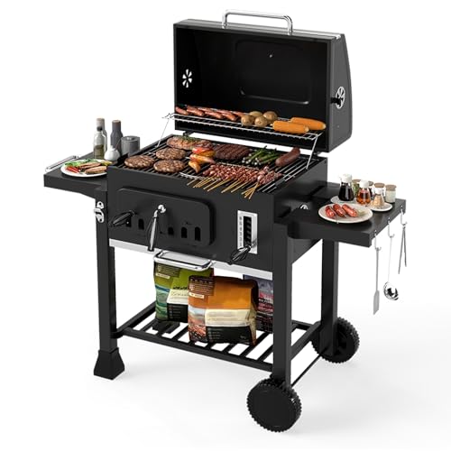 Giantex 24' Charcoal BBQ Grill with Adjustable Charcoal Tray, Thermometer, Foldable Side Tables, Pull-out Ash Tray, Outdoor Patio Barbecue Grill with Wheels for Garden Backyard Grilling Party