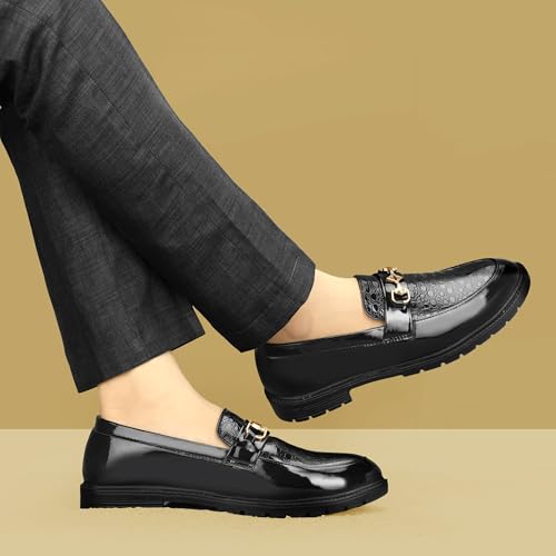 Image of Men's Black Leather Loafers with Golden Buckle - Elegant Slip-On Dress Shoes with Textured Upper & Comfort Sole for Formal & Casual Wear