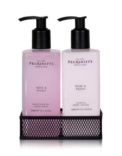 Hand Wash & Body Lotion Caddy Set (Rose & Peony) - 10.1 Fl Oz Each - Gentle Cleanser for Sensitive Skin - Moisturizing & Hydrating Hand Cream - All Natural Cruelty Free Body Wash - Pecksniff’s