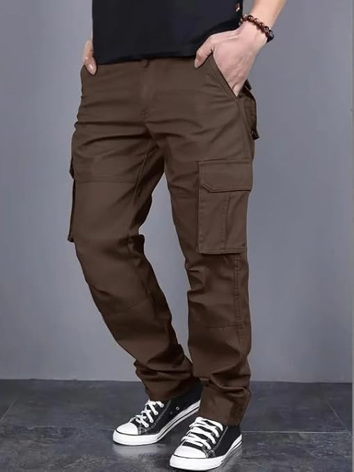 Image of DBAX Men's Olive Green Utility Cargo Pants | Multi Pocket Relaxed Fit Cargo Trousers | Durable Casual Streetwear Pants for Men