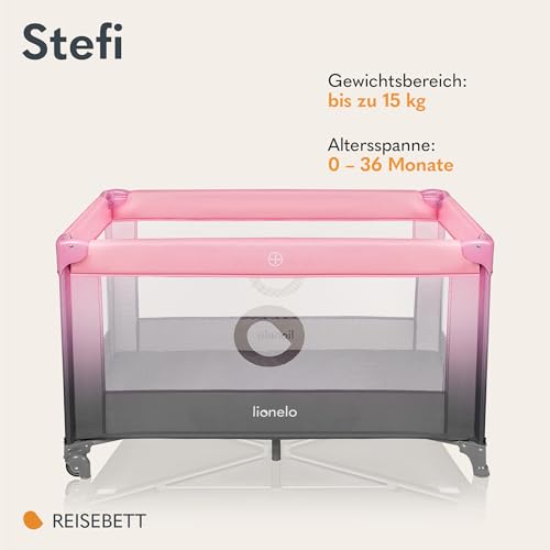 Lionelo Stefi Baby Kinderbett, Reisebett ab Geburt bis 15 kg, Seiteneingang, Sicherungssystem LockGuard, Blockade der Räder, Tragetasche, zusammenklappbar