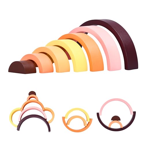 CHILDLIKE BEHAVIOR Wooden Rainbow Stacking Toy - Montessori Stacking Blocks Nesting Puzzle - Building Rainbow Stacker Game for Baby, Kids, and Toddlers - Educational and Interactive Wood Stackers Toy