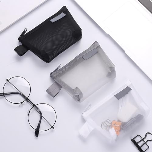 Image of 3-Pack Portable Square Mesh Storage Bags, Zippered Cosmetic Bags, Small Square Mesh Coin Purse Travel Storage Carry Pouches (Grey+Black+White)