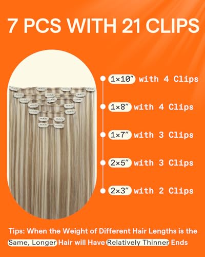 Image of Full Shine Clip in Hair Extensions Blonde Highlights | Real Hair Extensions Clip in Human Hair, Color 16P22 Golden Blonde Highlighted, Straight, Full Head, 7 Pcs 22 Inch 120g