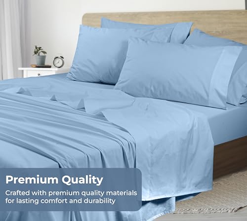 Image of ROYALE LINENS 100% Organic Cotton Full Sheet Set - Percale Weave - 4 Pieces Set - 1 Flat, 1 Deep Pocket Fitted Sheet and 2 Pillowcases - Lake Blue Bed Sheets - Sabanas Full - Crisp Cool (Lake Blue)