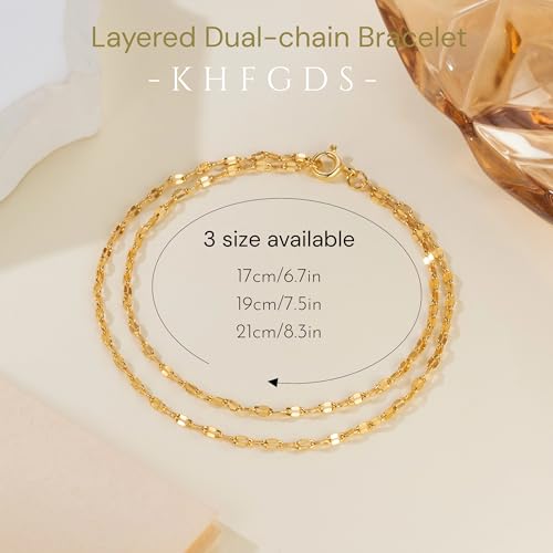 14K Gold Bracelets for Women Gold Chain Bracelets for Women Layered Bracelet Double-Layer Flat Diamond Cut Mirror Chain Design Double Layer Bracelet for Womens 6.7/7.5/8.3 inches2