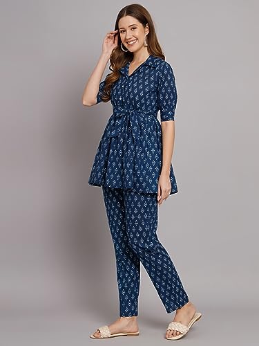 Image of Women's Cotton Regular Fit V Neck Printed Top with Trouser Co-ords Set with Fashion & Elegant Design (1 Top 1 Pant 1 Belt)