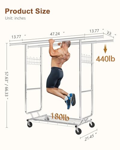 Hoctieon 2-Minute Assembly Double Rod Clothes Rack, Heavy Duty Rolling Clothing Racks With Wheels, Foldable Commercial Garment Rack thumb #8