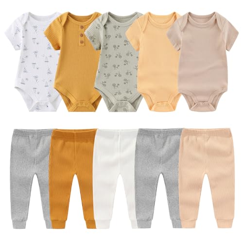 MAMIMAKA Newborn Baby Layette Gift Set 10-Piece Baby Boy Girl Short Sleeve Bodysuits with Pants Infant Outfit Essentials, 3-6 Months