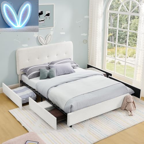 Image of Full Led Bed Frame with 4 Storage Drawer, Upholstered Platform Floor Bed with Rabbit Ear Headboard Daybed Strong Wooden Slats No Box Spring Needed for Kids Girls Boys, Beige