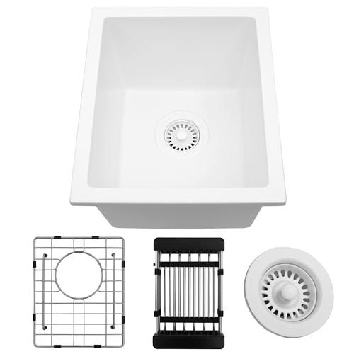 MONSINTA White Bar Sink, 13" x 15" x 10" Undermount Kitchen Sink, 13 Inch Small and Deep Single Bowl Granite Composite Kitchen Sink with Accessories, 13 x 15 White Quartz Stone Bar Sinks by MONSINTA - Used condition - Image 9