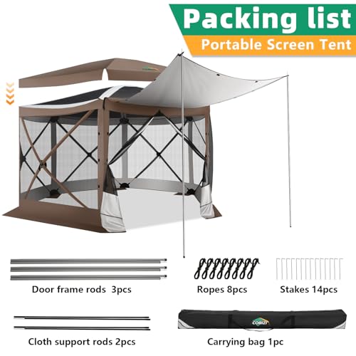 Image of COBIZI Pop Up Gazebo Screen Tent Screen House for Camping, 12x12 Screen Room with Mosquito Netting, Hub Tent Instant Screened Canopy with Carrying Bag and Ground Stakes, Brown