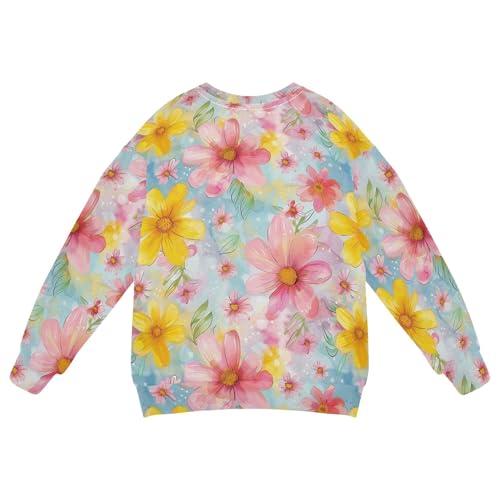 JUNZAN Watercolor Pink Yellow Flowers Big Girls Sweatshirt Hoodie Crewneck Kids Hoodies Boys Camping 4T2