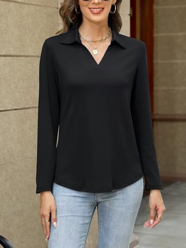 ORANDESIGNE Women's Long Sleeve Polo Shirts Casual Color Block V Neck Tops Fall Collar Ladies Tunics Tees4