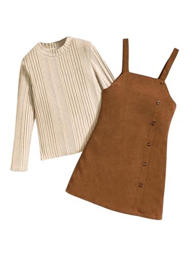 WDIRARA Girl's 2 Piece Corduroy Outfits Crew Neck Long Sleeve Sweater and Button Down Overall Dress Set3