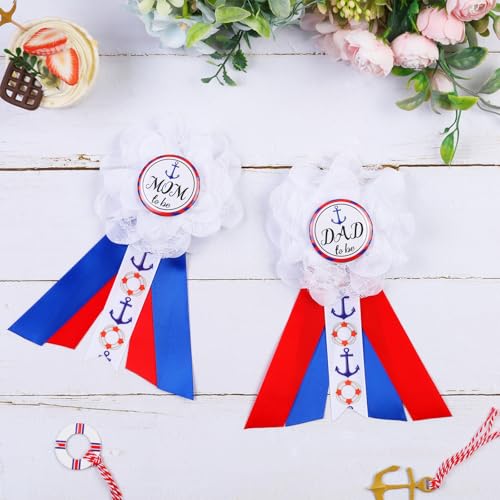 Image of Navigation Gender Reveal Maternity Sash Kit, Blue White Nautical Baby Shower Belly Belt and Mom to Be Dad to Be Corsage Pins, New Parent Pregnancy Announcement Photo Props Party Supplies