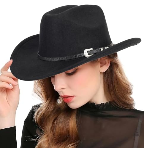Bawnhaw Felt-Fedora Western-Cowboy-Hat For Women-Men With Gus-Buckle-Belt Bling-Rhinestone Rolled-Up Black Jazz Retro Panama Rodeo-Cowgirl-Hats M cover