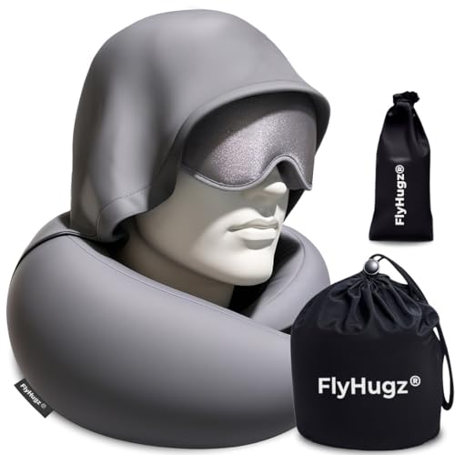 FlyHugz® Ultimate Travel Comfort Set – Hooded Memory Foam Neck Pillow + 3D Contoured Sleep Mask | Adjustable Hood, Washable Cover & 100% Light-Blocking Eye Mask | First-Class Rest for Flights & Home