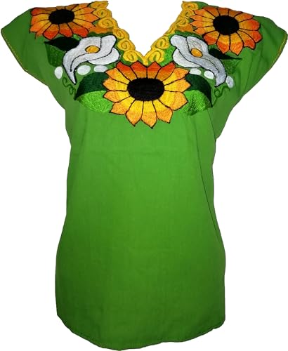 Catálogo de Ropa de Hípica de esta semana. 43 Blusa Bordada Artesanal Mexicana - Diseño Girasol y Lirios - Manta 100% Algodón - Cuello V - Hecha en Zinacantan, Altos de Chiapas (M, Verde)