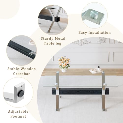 71" Glass Dining Table Set for 6|Modern Dining Table Set for 6 with Faux Leather Chairs|0.4" Thick Tempered Glass Tabletop|Silver Metal Legs with Black Crossbar|Easy Assembly - Image 6