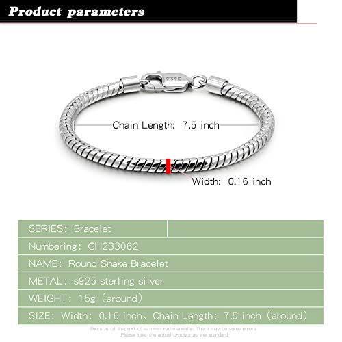 Italy Smooth 3MM 4MM Round Snake Chain Bracelet Solid 925 Sterling Silver Men Women 6.3" 6.7" 7" 7.5" 8" 8.5" 9" 9.5" Bangle Charm Jewelry Gift3