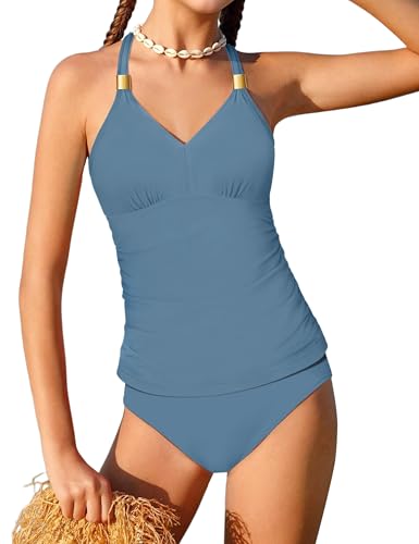 NECIOUS Teen Swimsuits for Girls 12-14 Two Piece Teen Bathing Suits Girls Tankini Set Blue Halterneck Ruched Cute V-Neck Swimwear