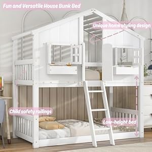   MERITLINE-Twin-Over-Twin-House-Bunk-Bed-Wood-Floor-Bunk-Bed-Frame-with-Roof-Window-Window-Box-Door-Twin-Bunk-Bed-for-Kids-Boys-Girls-Teens-White