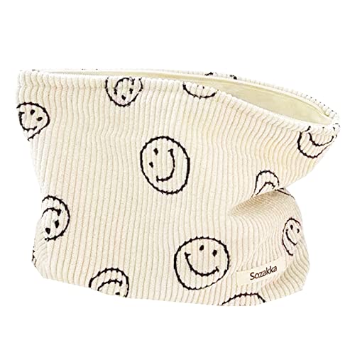 Corduroy Smile Cosmetic Bag,Travel Makeup Pouch with Zipper Aesthetic Toiletry Bag Handbags Travel Bag Makeup Organizer (Creamy-White) Cover