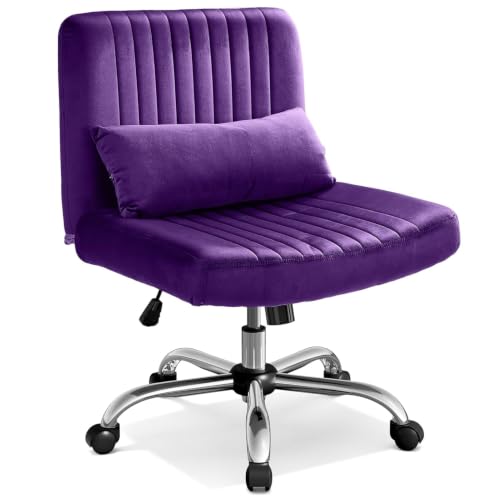 Image of Velvet Criss Cross Desk Chair with Wheels, Luxury Cross Legged Office Office, Swivel Wide Seat Vanity Chair, Armless Adjustable Height Gaming Chair Gift, Dusty (2, Purple)