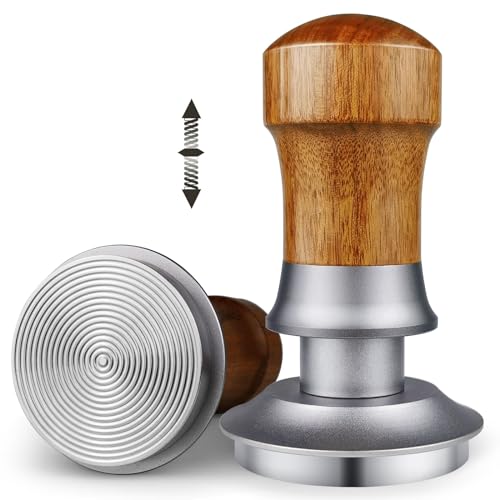 ceelatti 54mm Tamper Spring Loaded Coffee Tamper 54mm 30lbs Constant Pressure Calibrated Espresso Tamper for Breville Sage Barista Express Pro Wood Handle Stainless Steel Ripple Base Silver