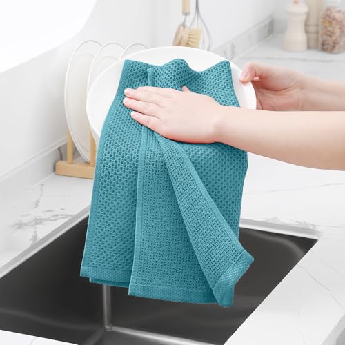 Image of Homaxy 100% Cotton Waffle Weave Kitchen Dish Towels, Ultra Soft Absorbent Quick Drying Cleaning Towel, 13 x 28 Inches, 12-Pack,Lake Blue