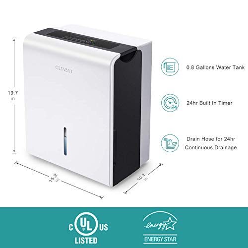 CLEVAST 1,500 Sq. Ft Energy Star Dehumidifier for Home, Basement, Living Room, Garage or Closet - Efficiently Removes Moisture,0.8 Gallons Removable Water Tank Capacity, UL Listed
