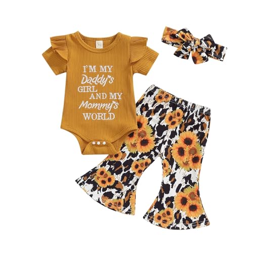Fernvia Infant Baby Girl Clothes Suspenders Short Sleeve Ribbed Romper Flared Pants Set Headband 3pcs Summer Outfit