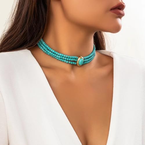 SukAmi Turquoise Choker Necklace Women 3 Layers Necklace Multi Strands Necklace 20s Turquoise Bib Pendant Necklace Choker Party Jewelry Mother's Day Gift4