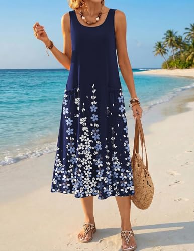 Image of Zeagoo Womens Summer Midi Dresses 2026 Casual Sleeveless Tank Sundresses A Line Crewneck Beach Vacation Dress with Pockets
