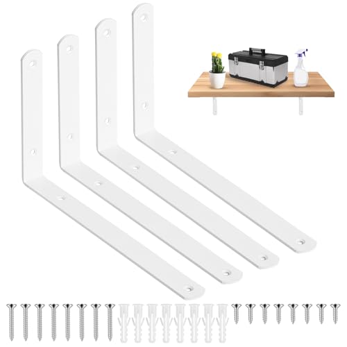 4 soportes de estante blancos, montaje en pared, soporte de estante de 90 grados L, soportes de pared resistentes para estantes, soporte de estante flotante, 9.84 x 5.75 x 0.95 pulgadas