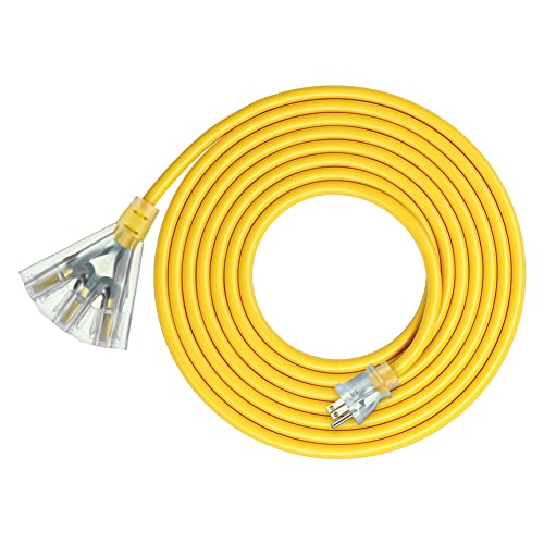 DEWENWILS 15 FT 12/3 Gauge Extension Cord Outdoor Tri-Tap Extension Cord Splitter, Heavy Duty Power Cable SJTW 15 Amp for Multiple Appliances, LED Lighted Plug, ETL Listed 15FT 12AWG-1 Pack